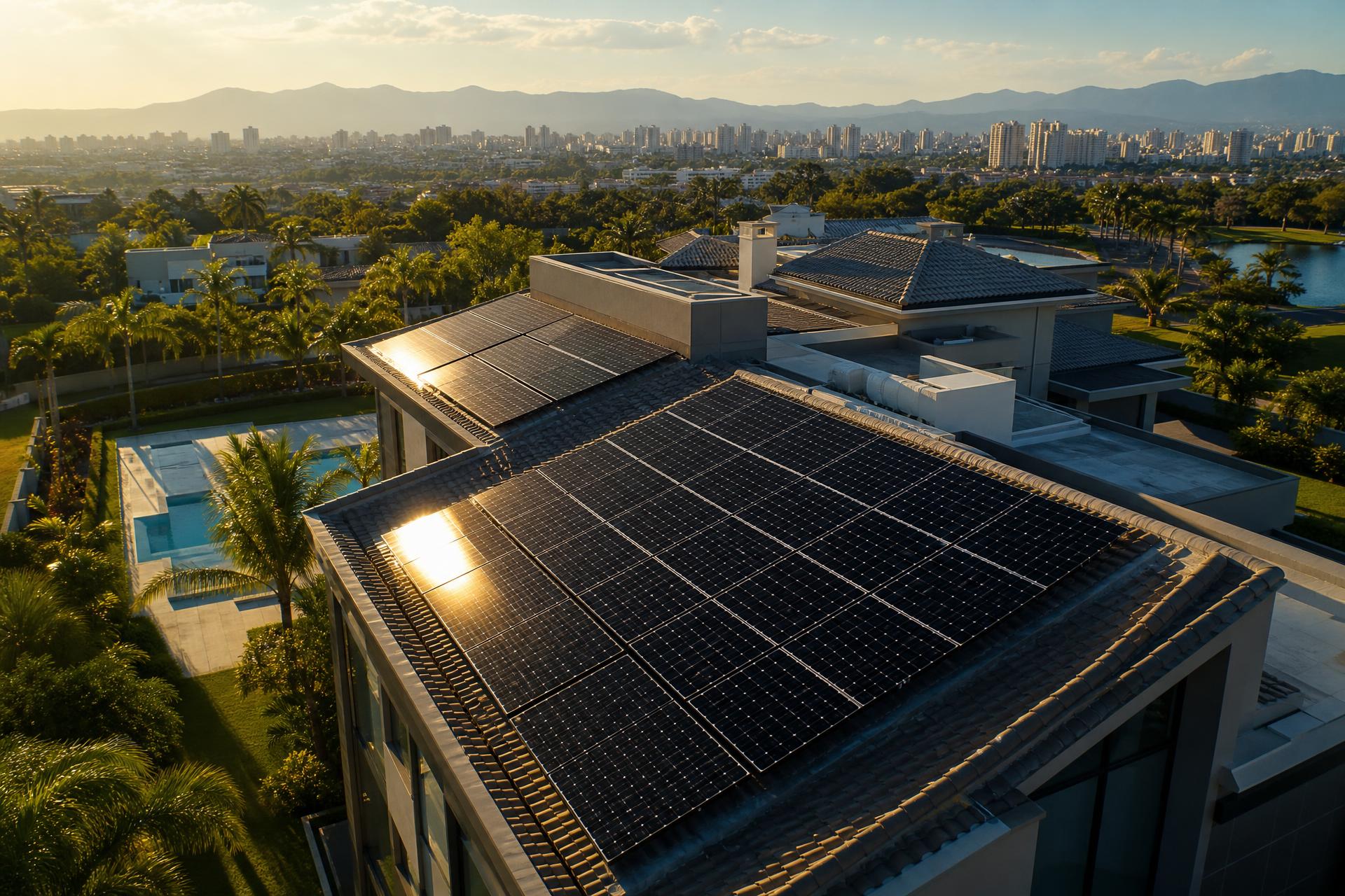 Residência contemporânea com sistema de energia solar no telhado, com São José dos Campos ao fundo
