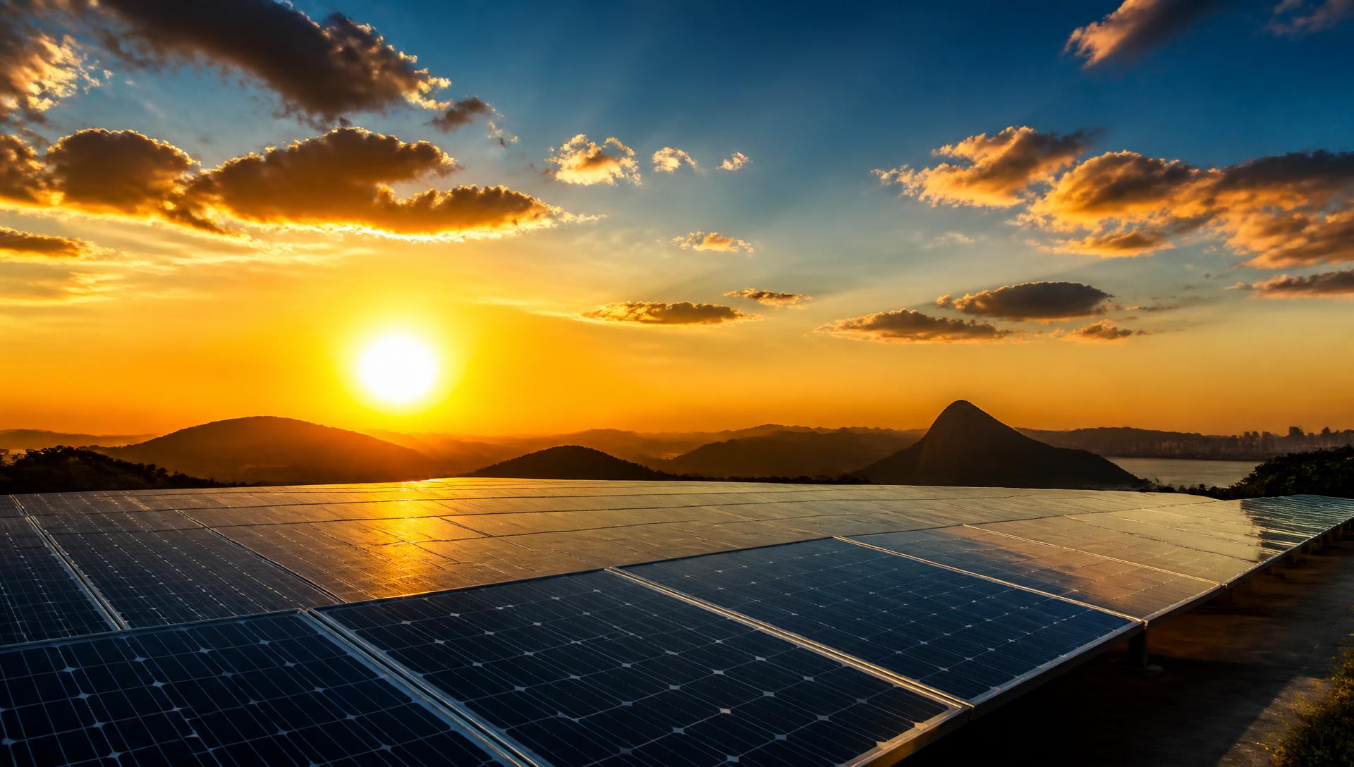 Painéis solares refletindo a luz do pôr do sol